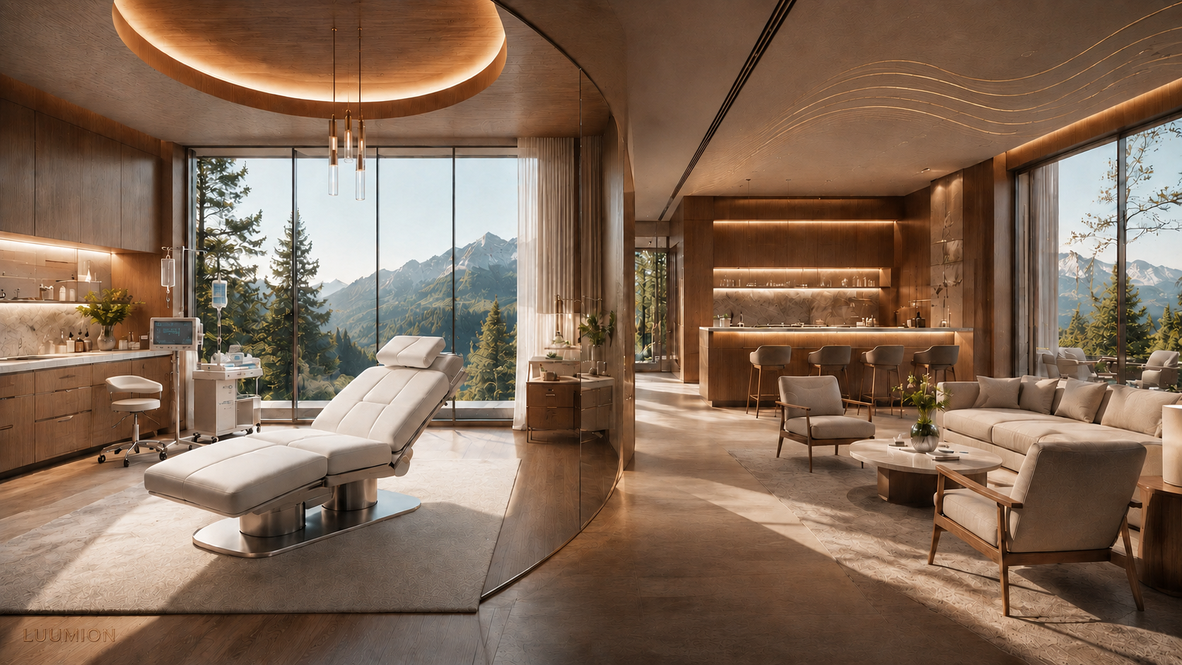 Premium Behandlungsraum mit Liege und Bergblick, LUUMION-Schriftzug unten links, Wellenrelief oben rechts eingeprägt