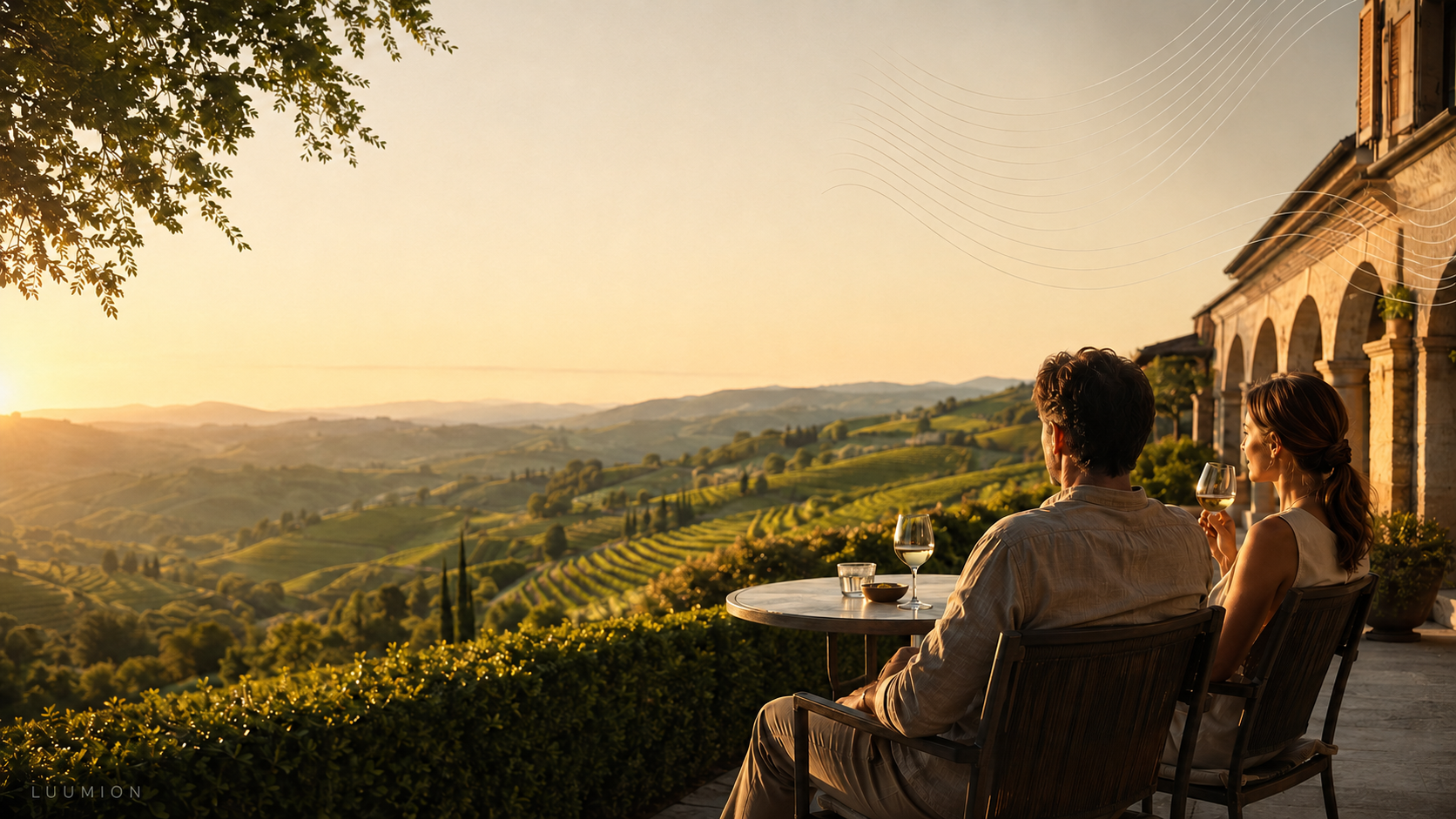 Paar auf einer Terrasse mit Blick über Weinberge im goldenen Abendlicht, LUUMION unten links und Wellenrelief oben rechts eingeprägt