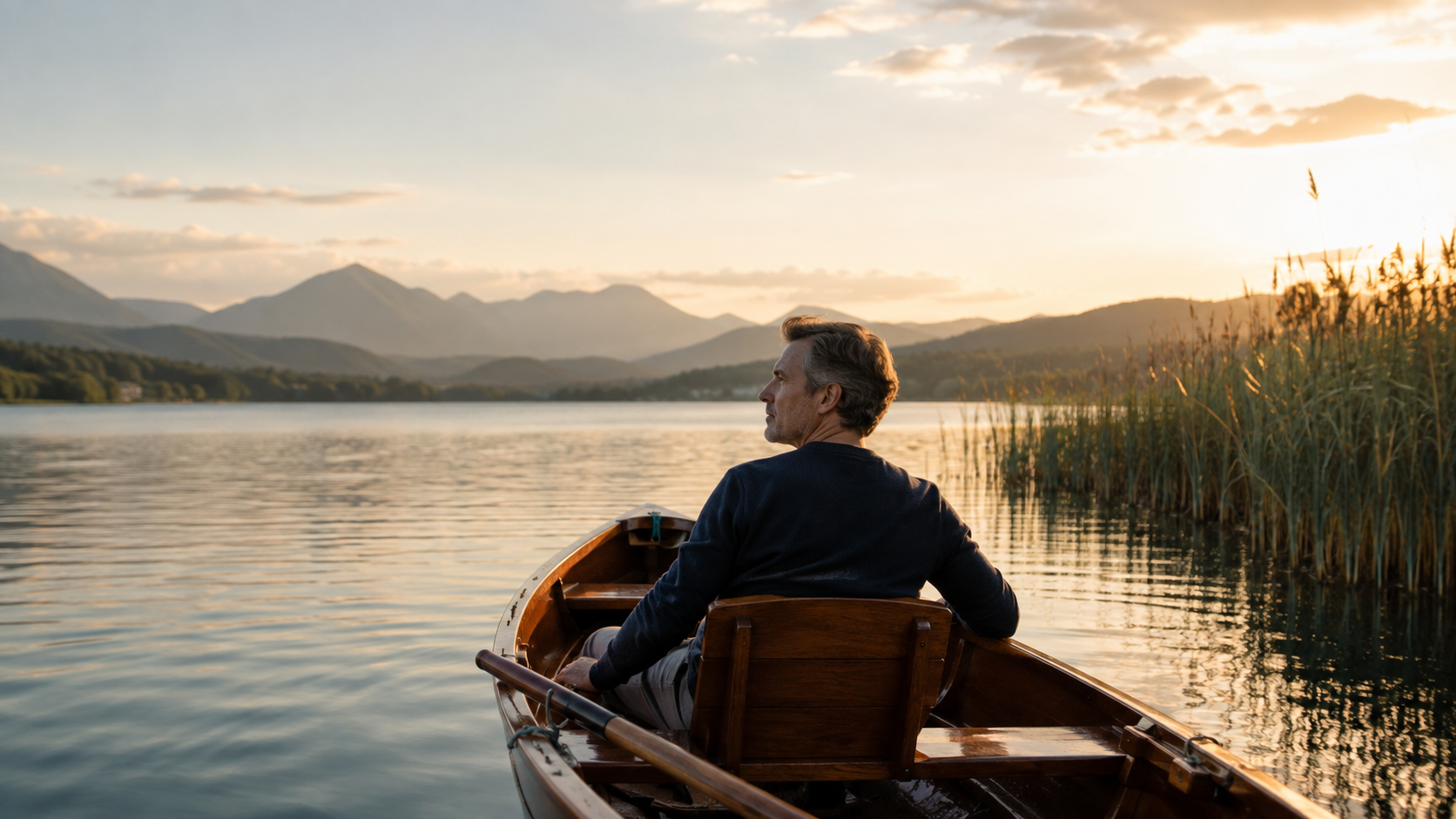 Vitale Person am See in offener Landschaft, echter Lebensmoment, nicht posierend