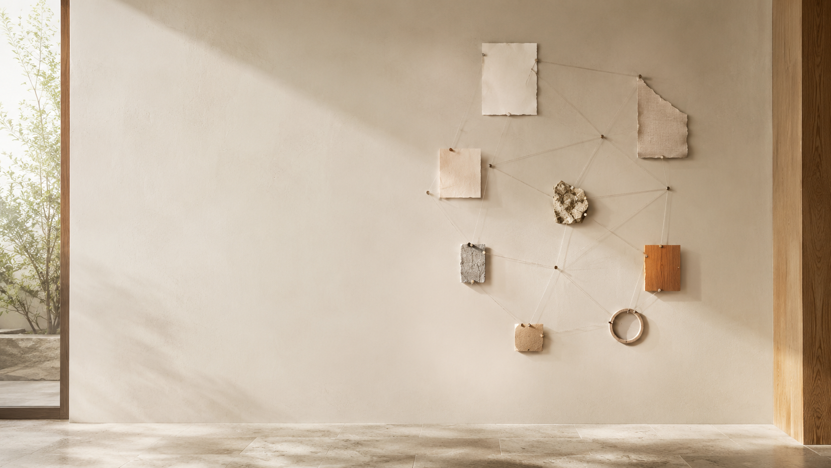 Wandinstallation aus verschiedenen Materialien, durch feine Fäden miteinander verbunden