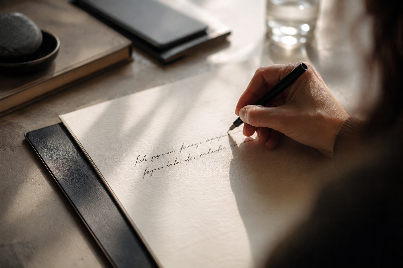 Hand schreibt handschriftlich in ein hochwertiges Notizbuch, warmes Licht