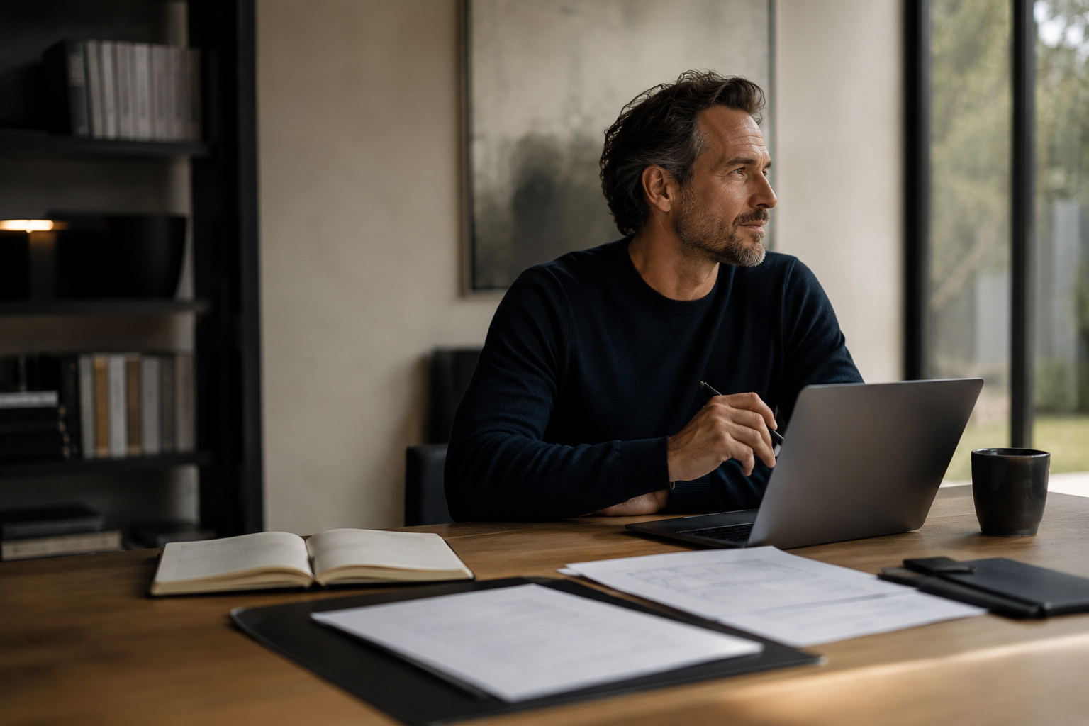 Mann sitzt nachdenklich am Laptop, aufgeschlagenes Notizbuch daneben