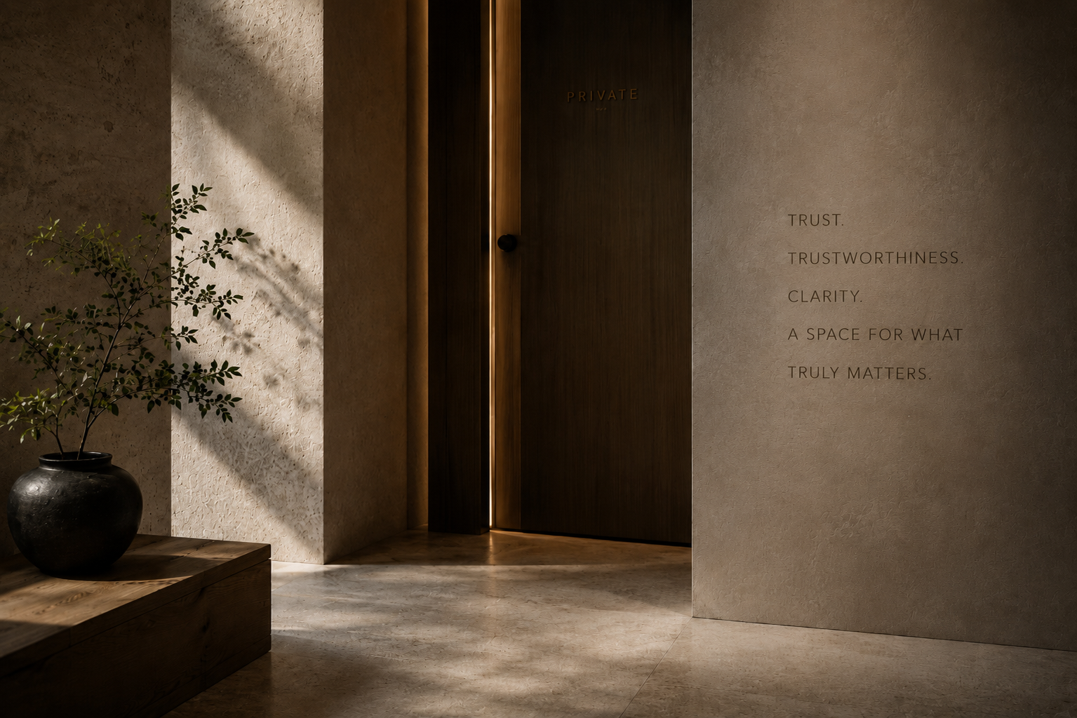 Quiet hallway with a door labeled PRIVATE, wall text about trust and confidentiality