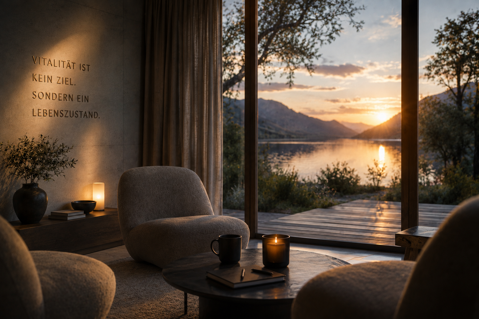 Warmer Wohnraum bei Sonnenuntergang mit Blick auf einen See, Wandzitat zu Vitalität