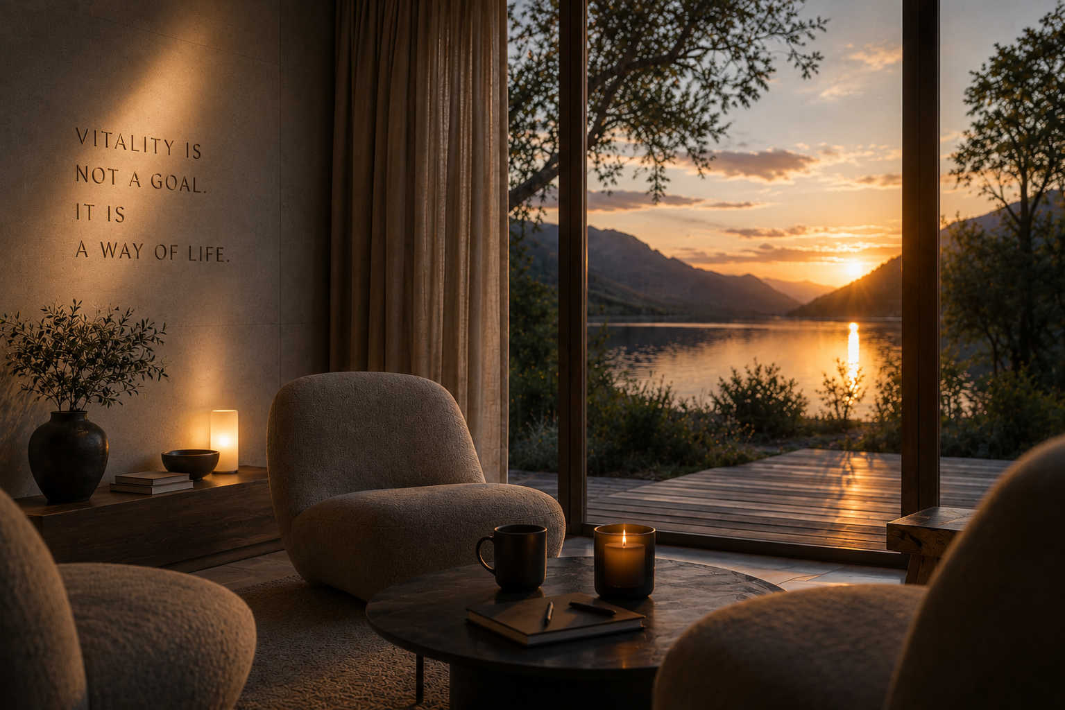 Warm living space at sunset with a view of a lake, wall quote about vitality